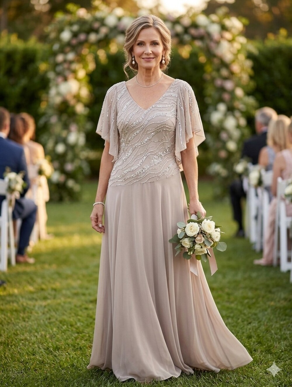 J Kara Beaded Flutter Sleeve Gown – Champagne/Taupe Maxi Formal Dress – Size 12